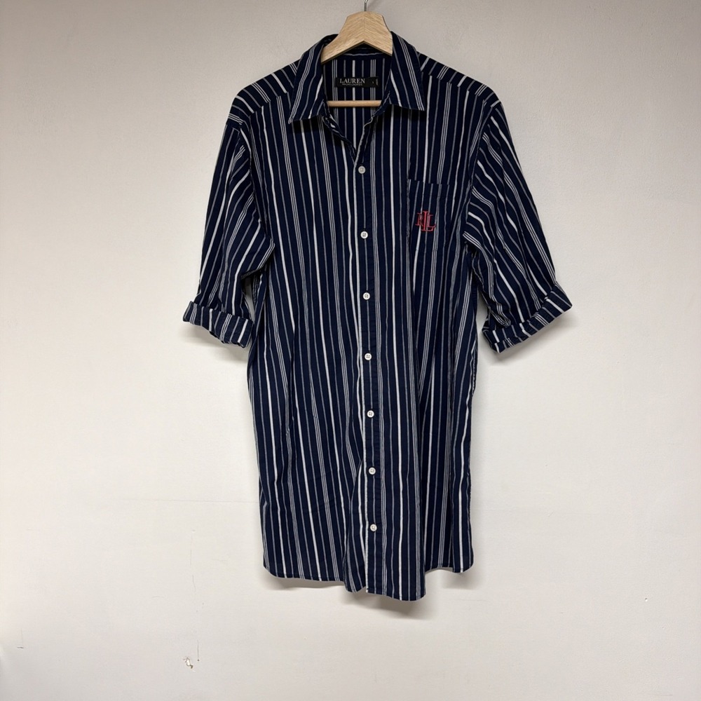 Lauren Ralph Lauren Womens Shirt Dress L Navy Striped Cotton Roll Tab Sleeve